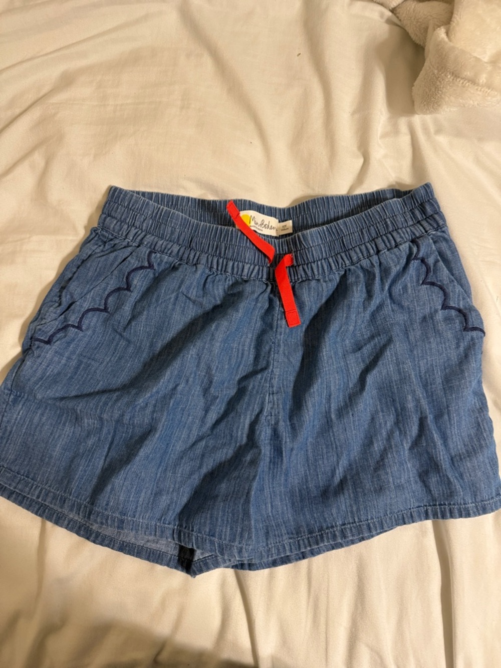 Mini Boden Chambray Blue Shorts with Red Drawstring